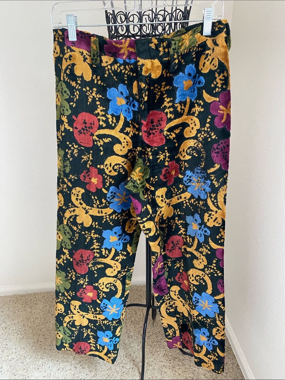 AuthenticVintage Floral Velvet Straight Leg Pants - Black, Gold, Blue, Red, Purp